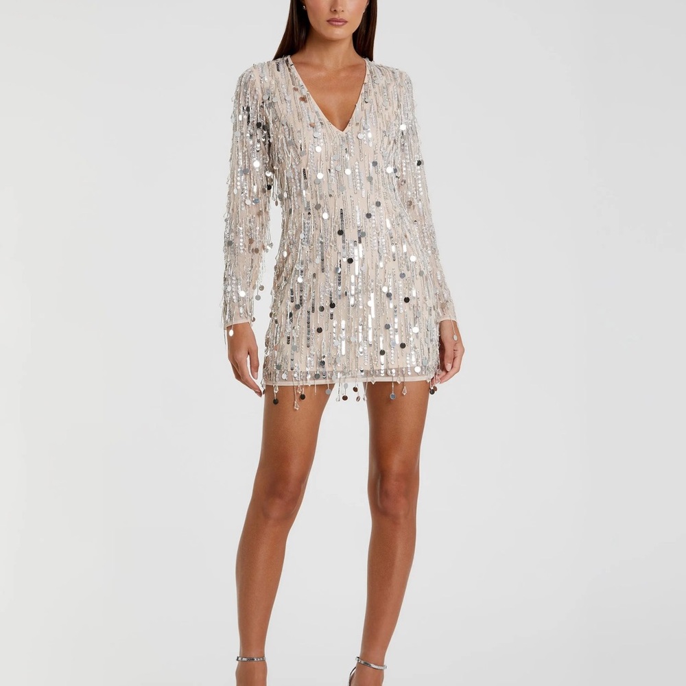 NWT - Mac Duggal Silver Long Sleeve Beaded Fringe Plunge Neck Dress